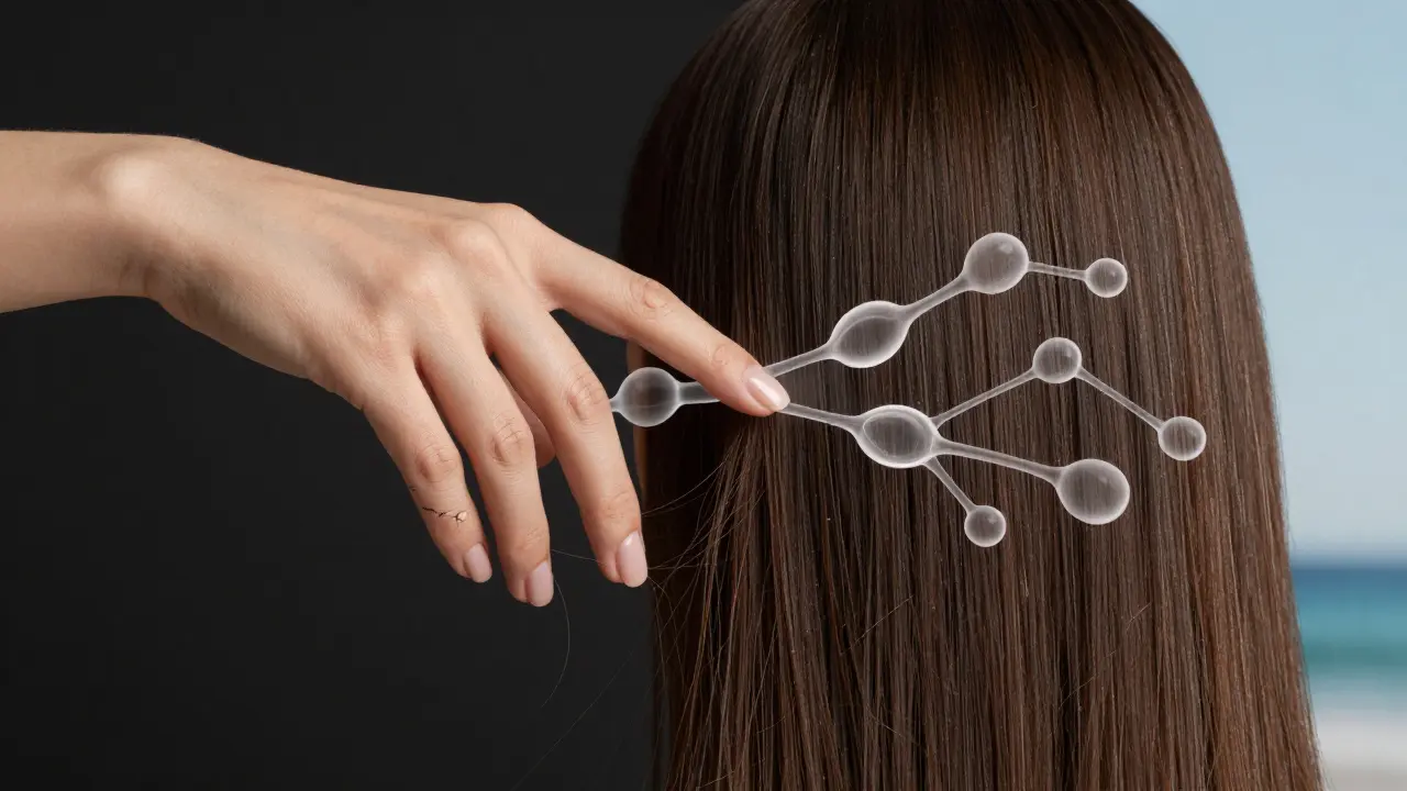 Před a po: křehké nehty a řídké vlasy vs. zdravé, leskoucí se nehty a vlasy.