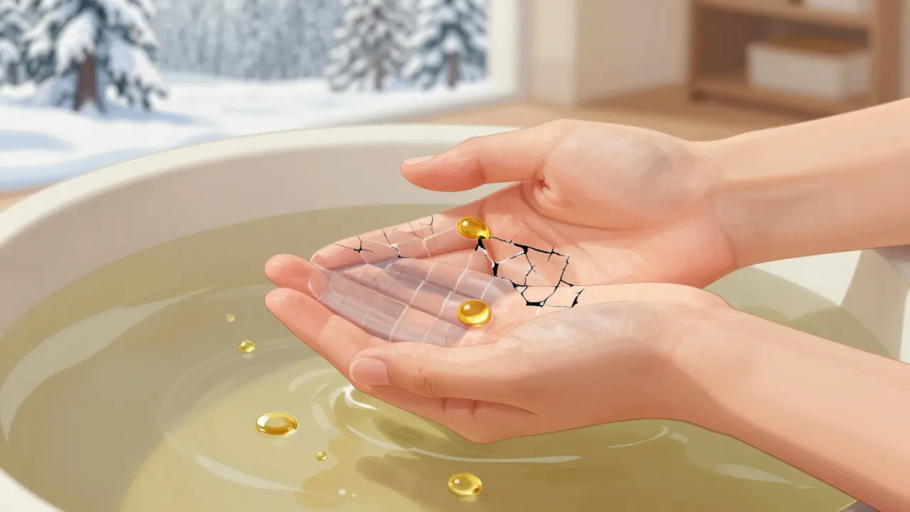 Ruce v teplé vodě s plujícími kapkami přírodních olejů, pozadí ukazuje zimní a teplé prostředí.