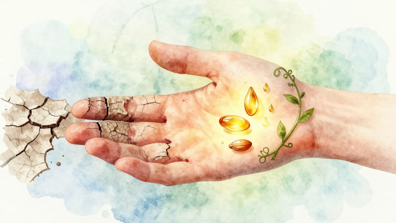 Ruka s jednou stranou suchou a druhou stranou změkčenou přírodními prvky.