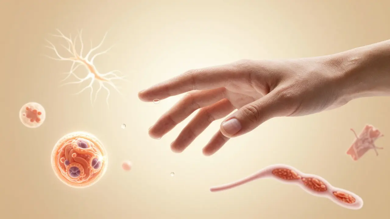 Ruka se dotýkající své kůže, pod ní plavou prvky jako hormony, nervy a tukové buňky v zlatém světle.