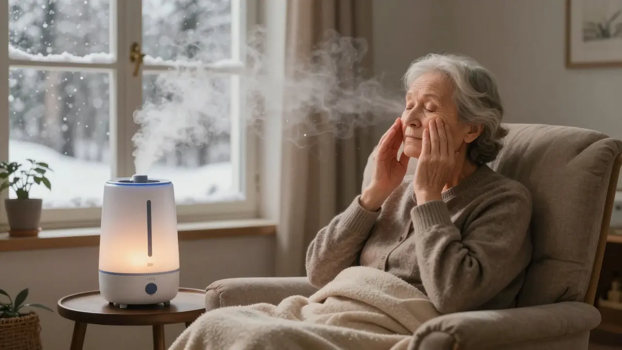 Starý člověk masíruje obličej v teplé, vlhké místnosti s vlhčičem vzduchu.