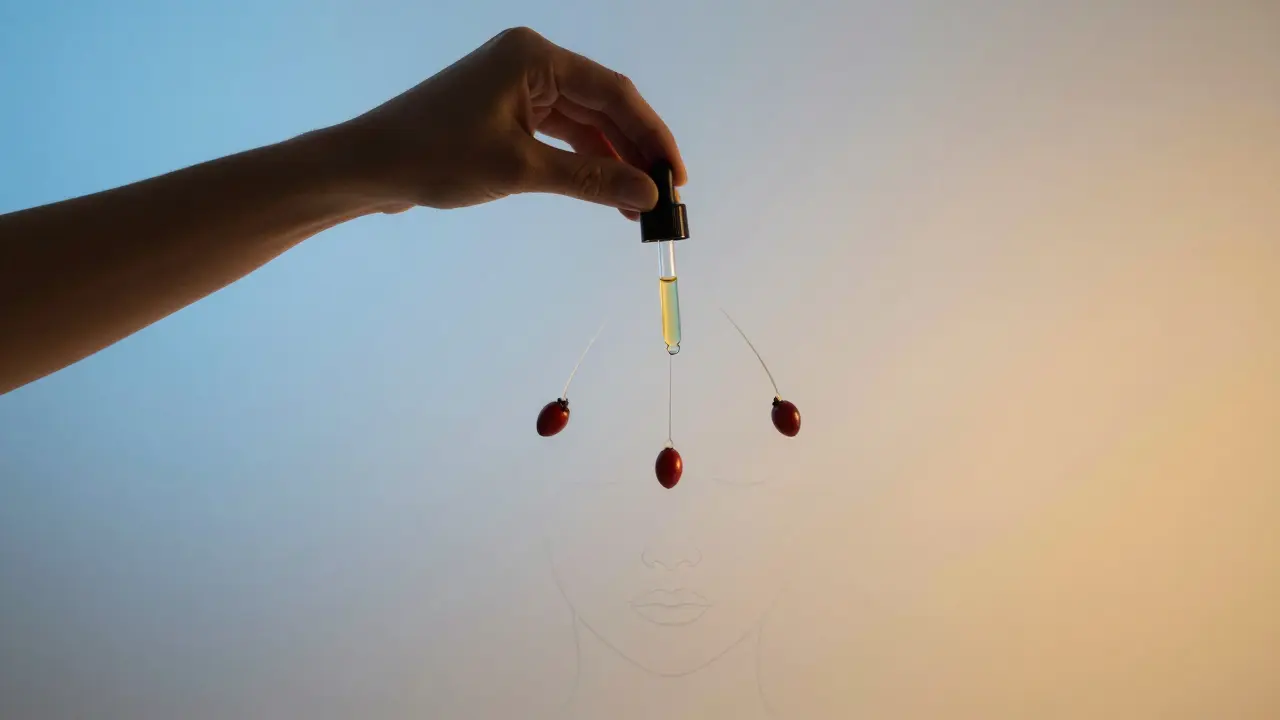 Tři oleje – jojoba, šípkový a leněný – proudí do tvaru symbolu harmonie nad obličejem, symbolizující výběr podle typu pleti.