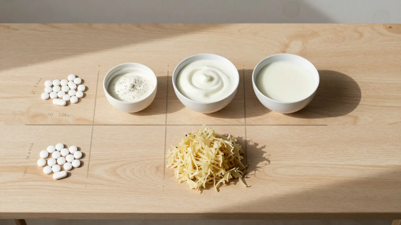 Týdenní plán užívání laktobacilů: tablety, kvasené potraviny a den odpočinku na stole.