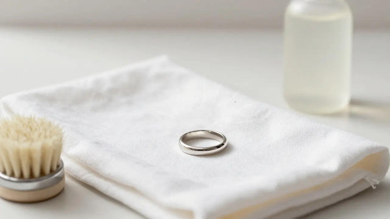 US kroužek na bílé látce s kartáčkem a mýdlem, symbolizující čistotu a přesnost.