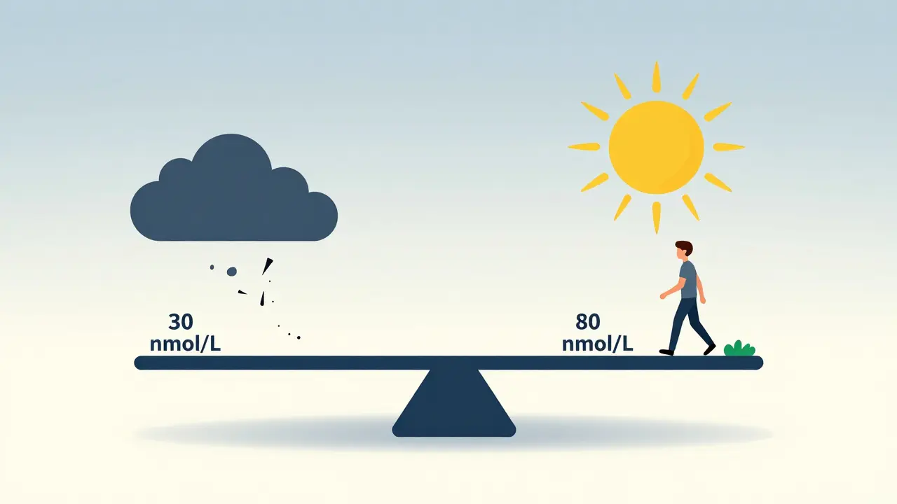 Váha s porovnáním nízké a optimální hladiny vitamínu D — kosti, slunce a mraky jako symboly.