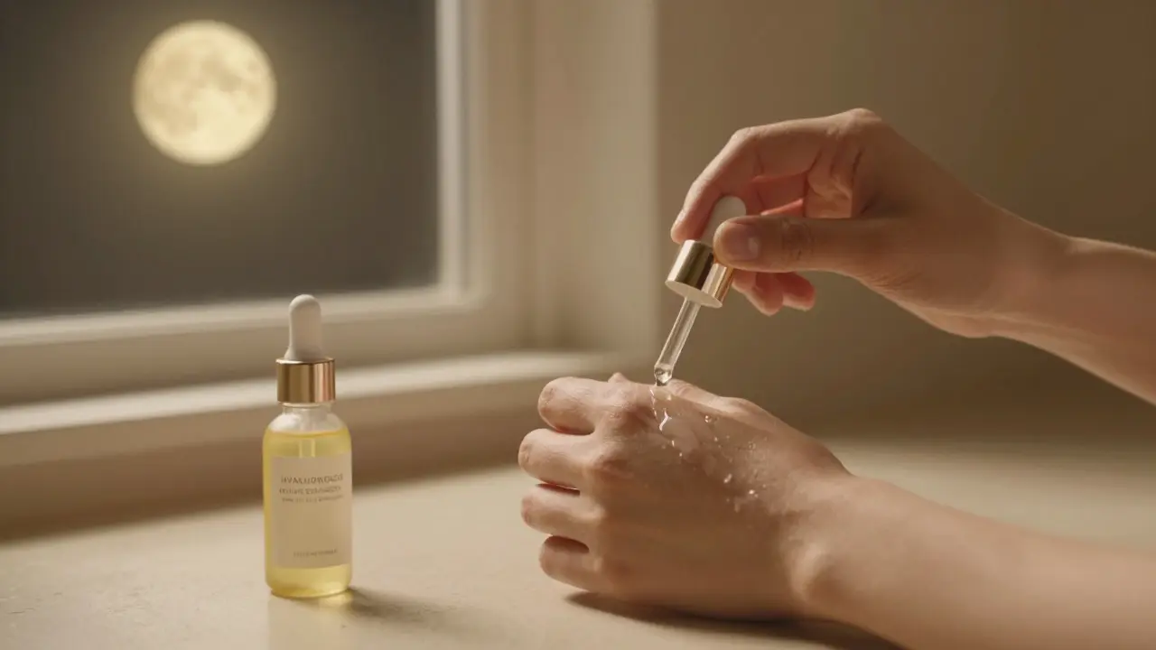 Večerní péče o pleť: aplikace retinolu a ceramidového krému při měkkém měsíčním světle