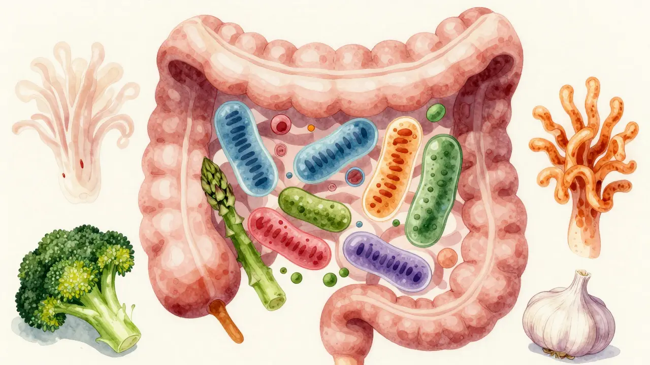 Vnitřní stavba střev s užitečnými bakteriemi a prebiotiky