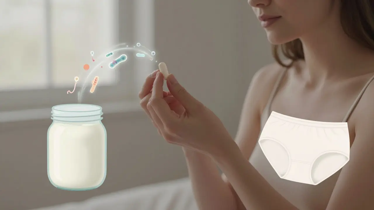 Woman taking a probiotic capsule surrounded by symbols of natural vaginal health: yogurt, cotton underwear, and beneficial bacteria.