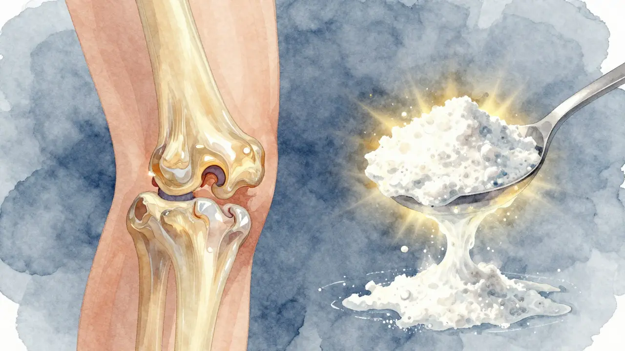 Zdravé a poškozené klouby vedle sebe, s mořským kolagenem jako zdrojem obnovy.