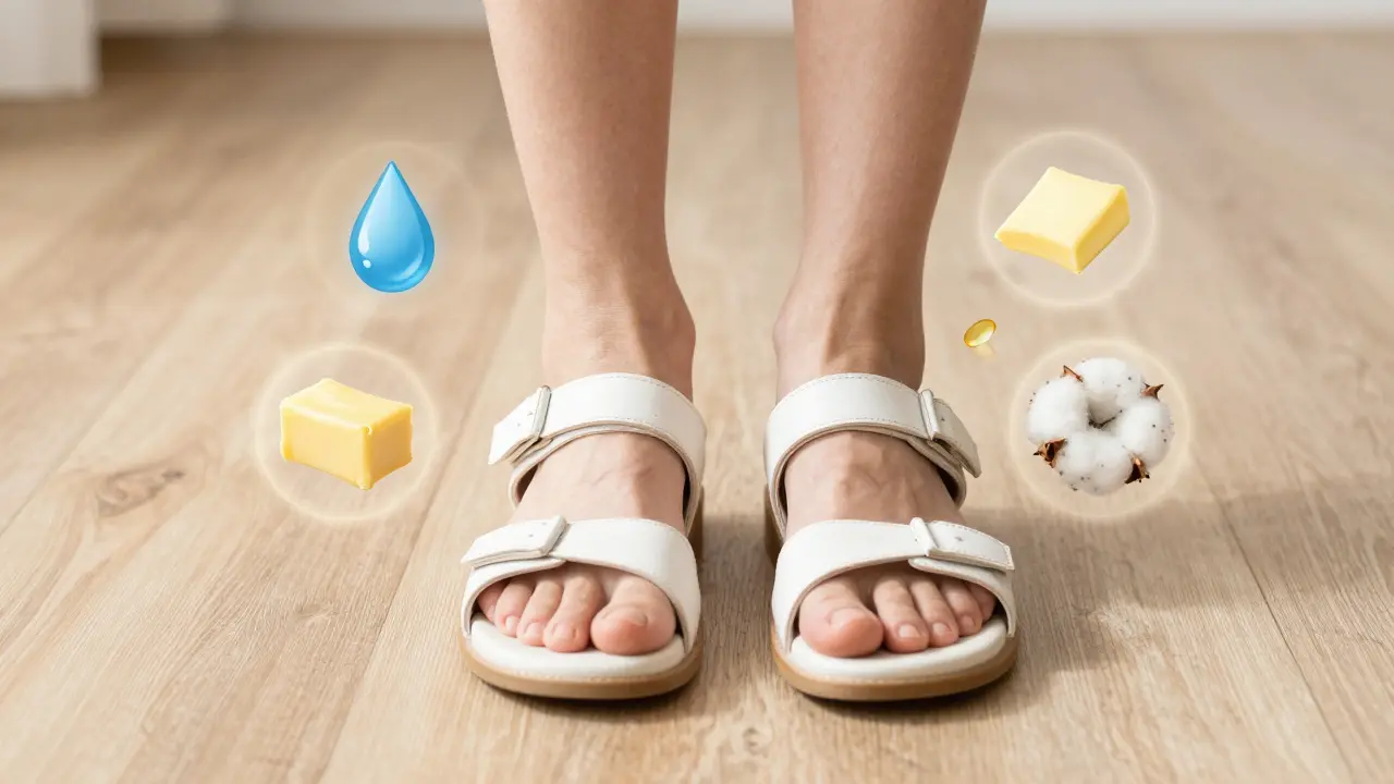 Zdravé nohy kročí z pohodlných sandálů na slunečném dřevěném podlaze, symbolicky obklopené vodními kapkami a bavlnou.