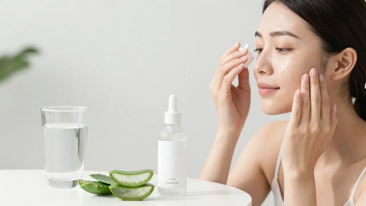 Žena aplikuje hydratační sérum s kyselinou hyaluronovou na pleť, voda a aloe vera na stole.