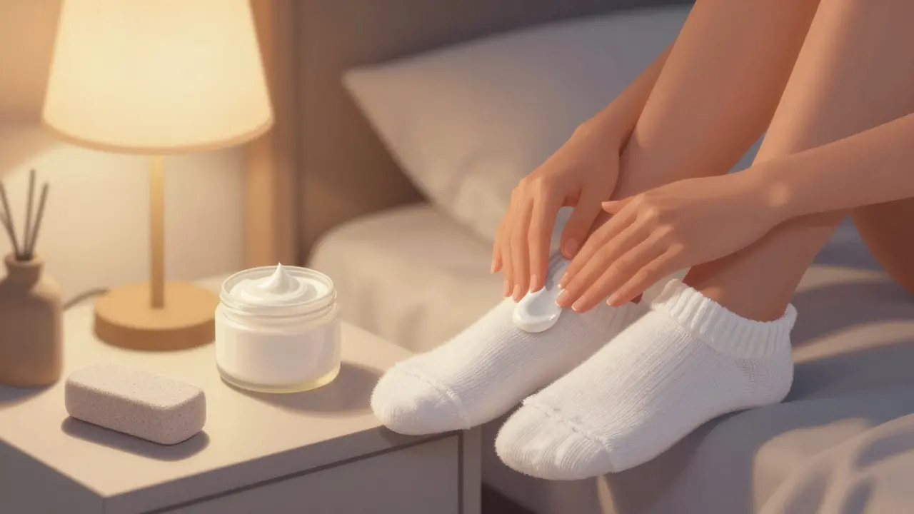 Žena si namazává krém na nohy večer, nohy jsou obalené bavlněnými ponožkami, teplé osvětlení z noční lampy.