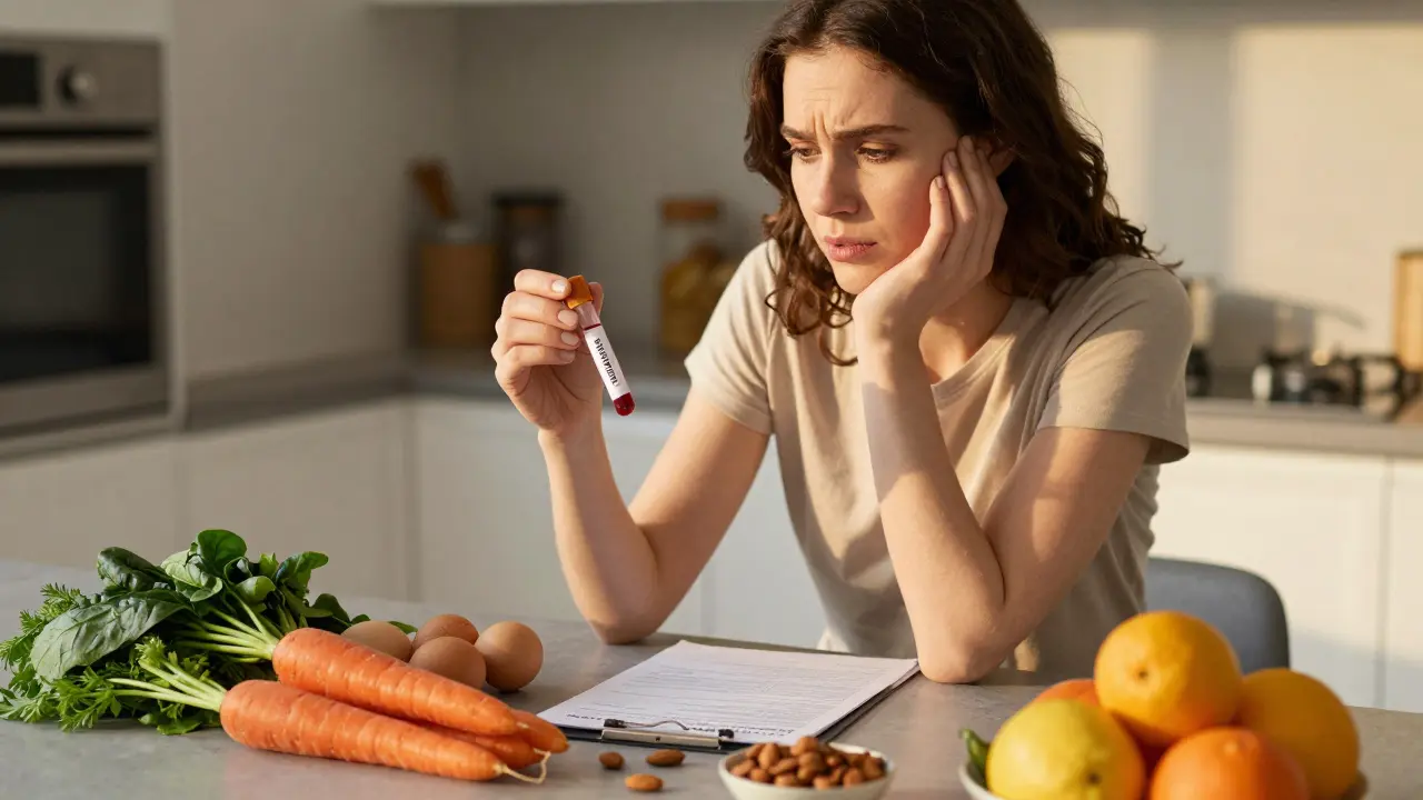 Žena u kuchyňského stolu s krevními testy a potravinami bohatými na vitamíny
