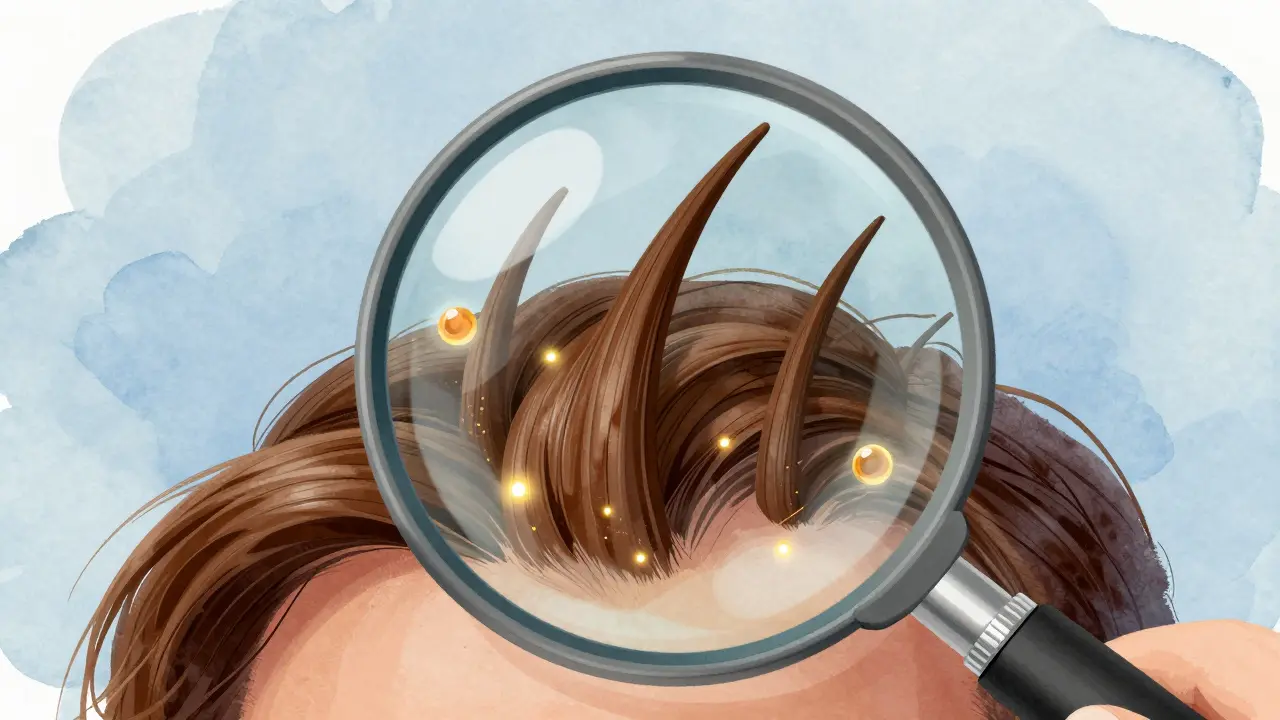 Zvětšený pohled na vlasový folikul absorbuje živiny, zatímco slabé vlasy padají.