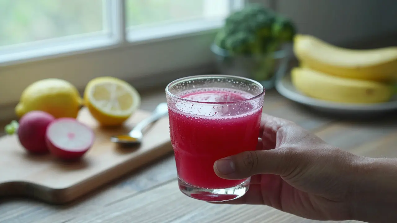 Čerstvá ředkvičková šťáva v sklenici, s ředkvičkou, citronem a medem na pozadí.