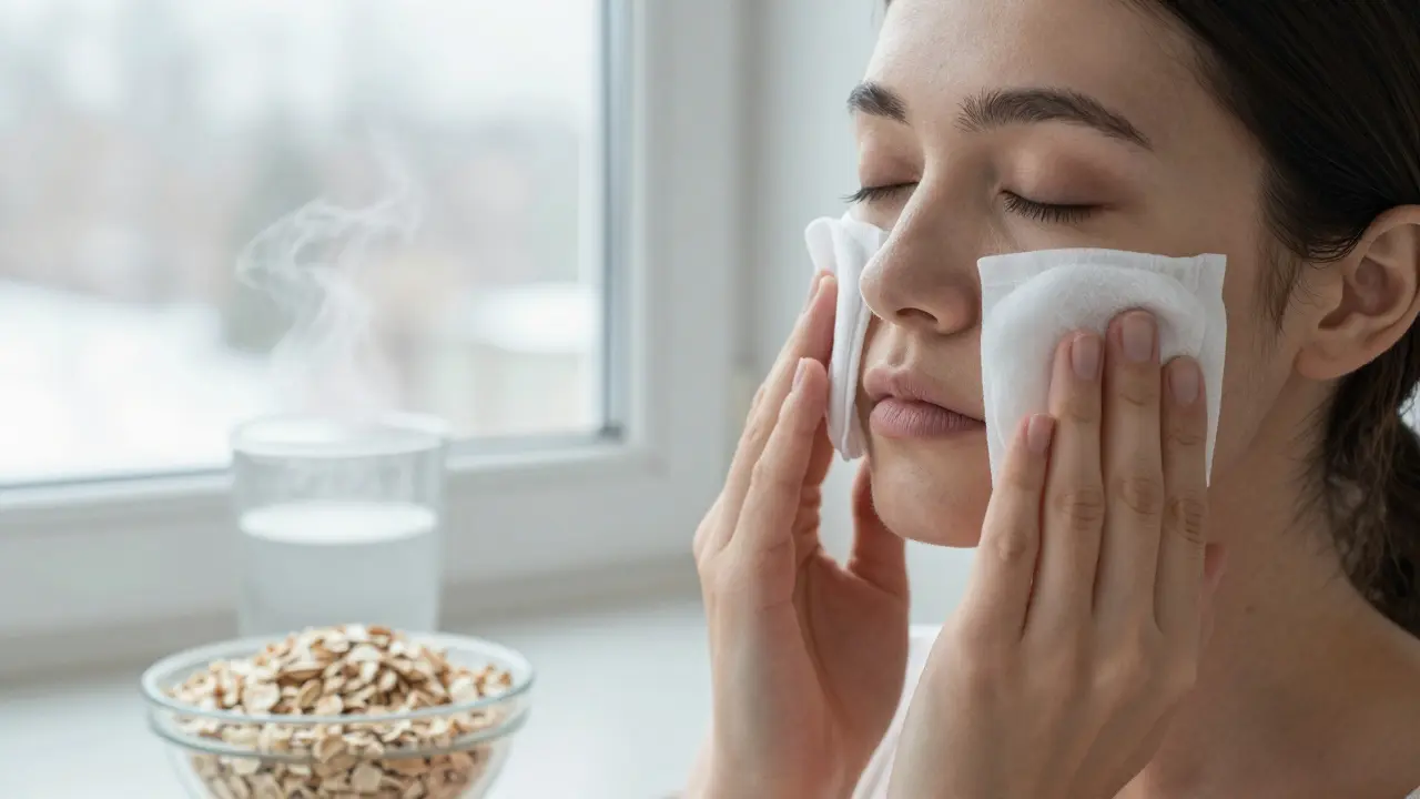 Chladná komprese na obličeji při klidné péči o podrážděnou pleť.