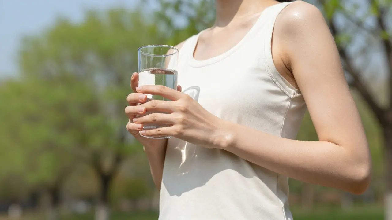 Člověk na jaře se zdravou pleťí a sklenicí vody.