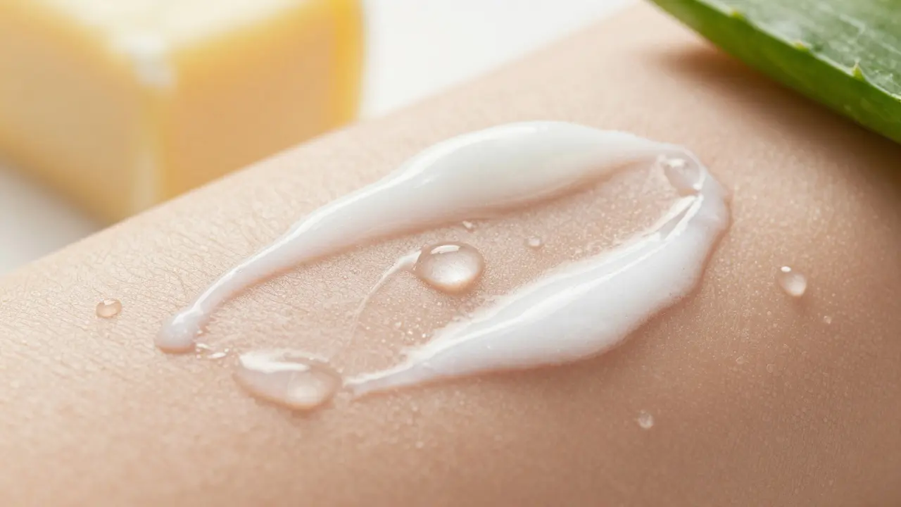 Detail hydratačního krému na kůži s kapkami vody.