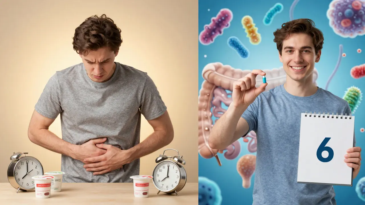 Dvě části: jedna ukazuje frustraci, druhá klid a zlepšení po šesti týdnech užívání probiotik.