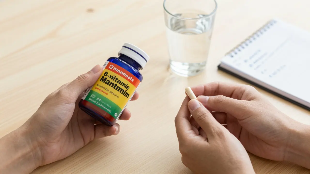 Dvě ruce držíce dvě různé vitamínové lahve: jedna s reklamním popiskem, druhá s přesnými dávkami, vedle sklenice vody a poznámek.