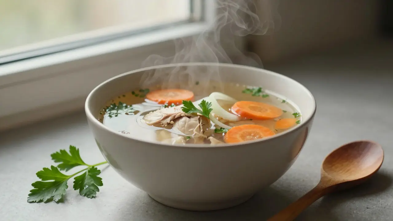 Horká kuřecí polévka s mrkví a petrželkou v hrnčíku, s výraznou párou a přírodním osvětlením.