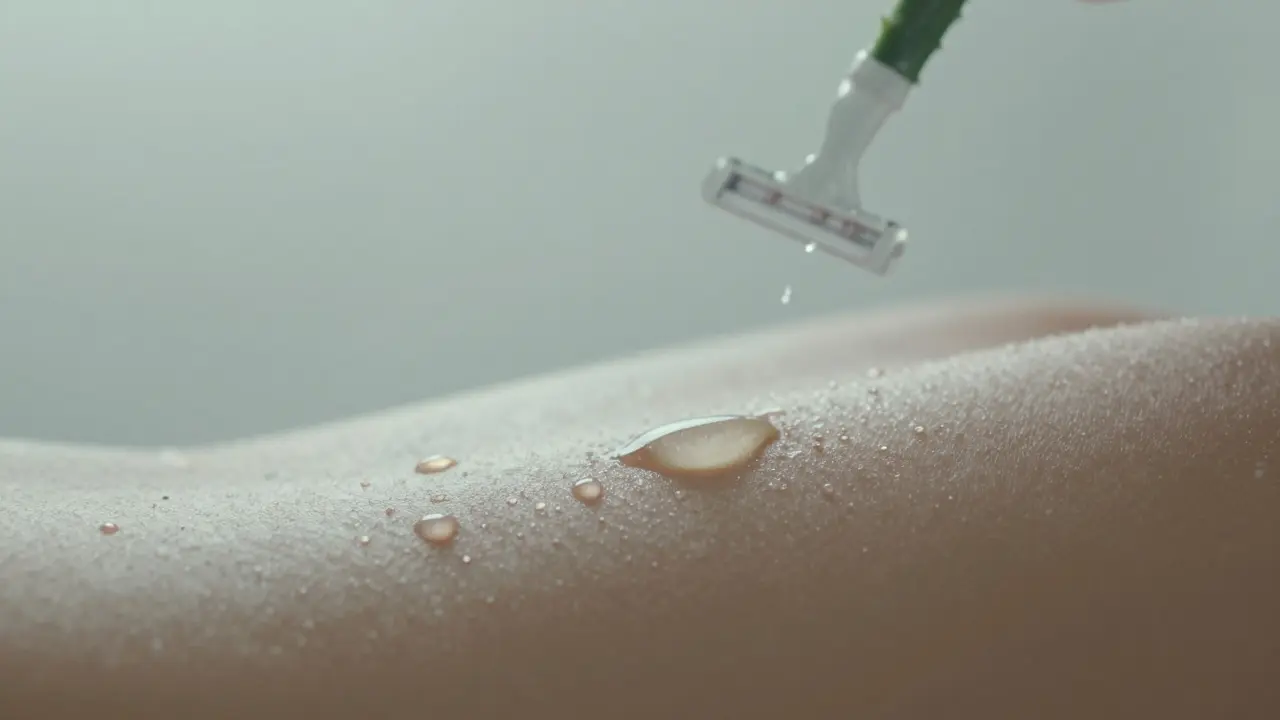 Hydratovaná kůže s kapkami aloe vera a kyseliny hyaluronové, symbolizující obnovu po holení.