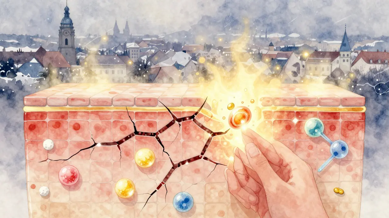 Konceptuální znázornění obnovy kůžní bariéry pomocí ceramidů a hydratačních molekul.