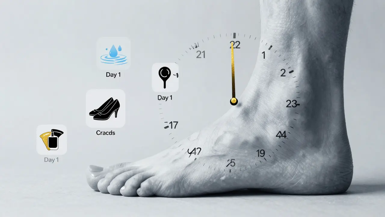 Konec nohy jako hodiny, ukazující délku trvání různých typů laku s ikonami příčin poškození.