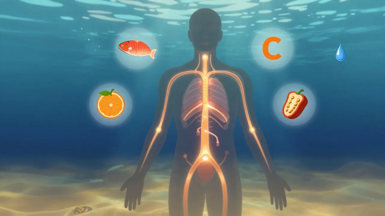 Kreslený obraz člověka s přenosem kolagenu a výživovými prvky jako symboly zdraví