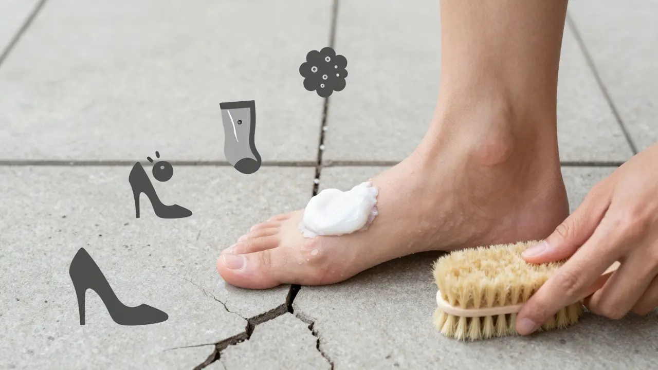 Lidská noha jako cesta, kterou udržuje krém s močovinou, proti tlaku a nečistotám.