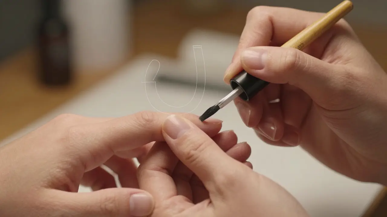 Manikúrník přesně tvaruje neht pomocí jemného štětce a brusky.