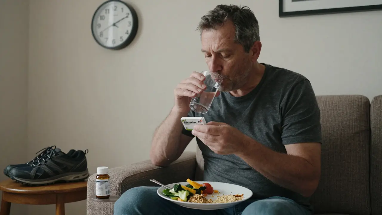 Muž si vezme tabletu Espumisan před jídlem v domácím prostředí.