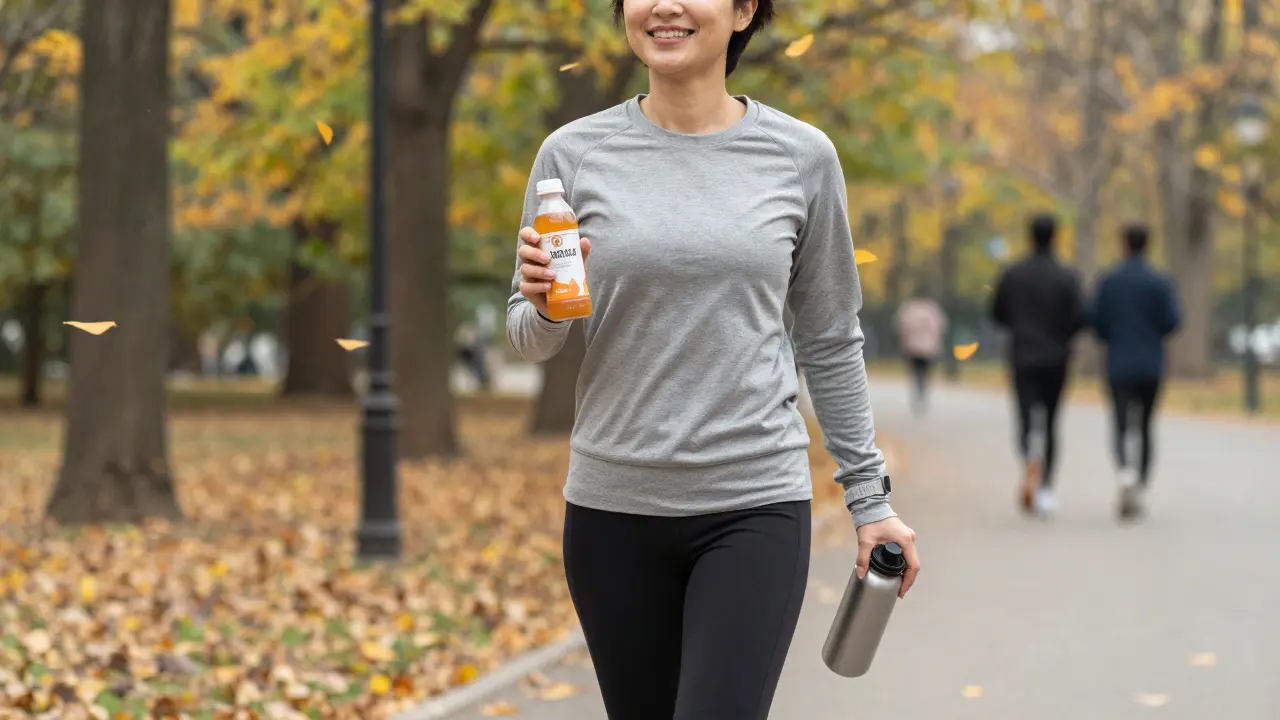 Osoba pije rybí kolagen během krátké procházky v parku v podzimním světle.