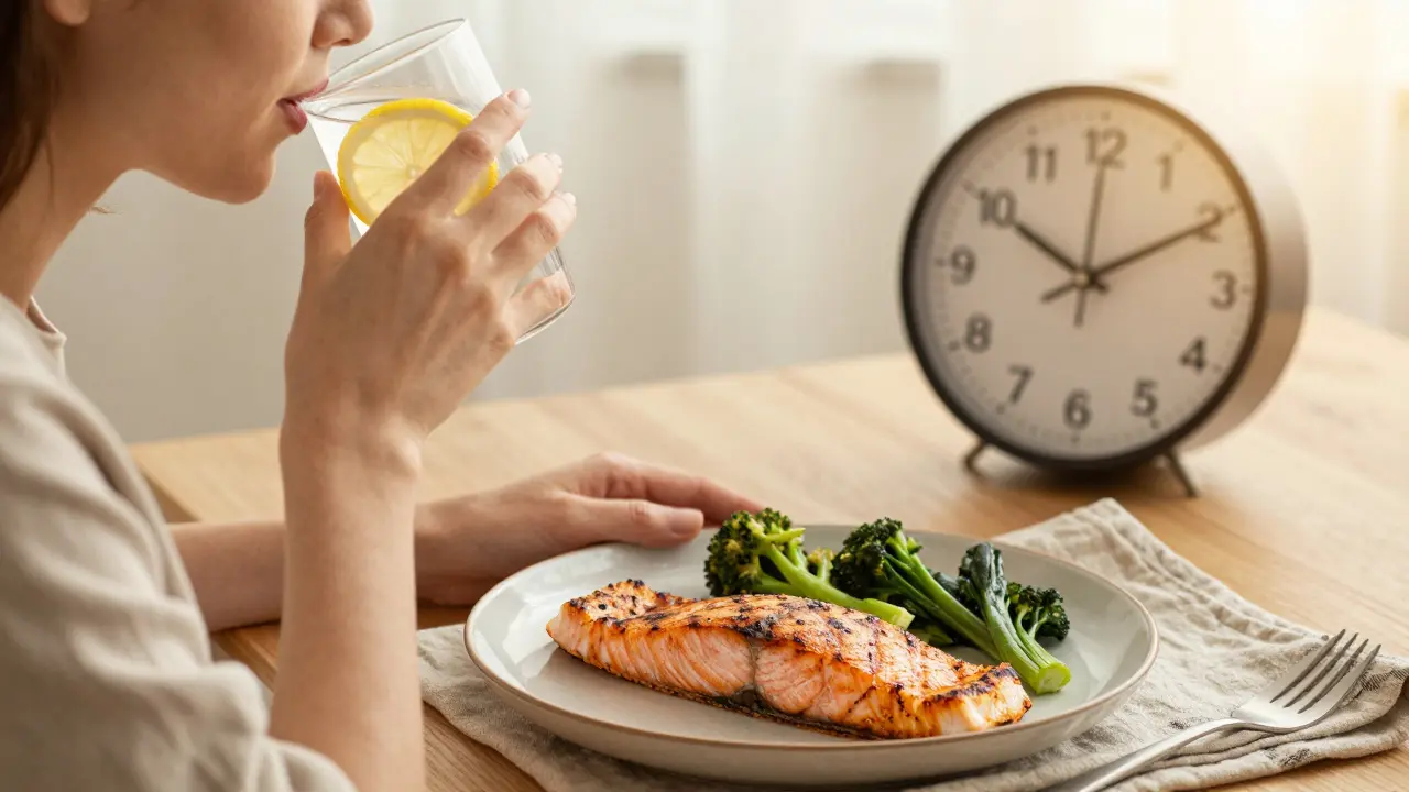 Osoba pije vodu s citronem, připravuje jídlo, hodiny ukazují časový okno mezi večeří a snídaní.