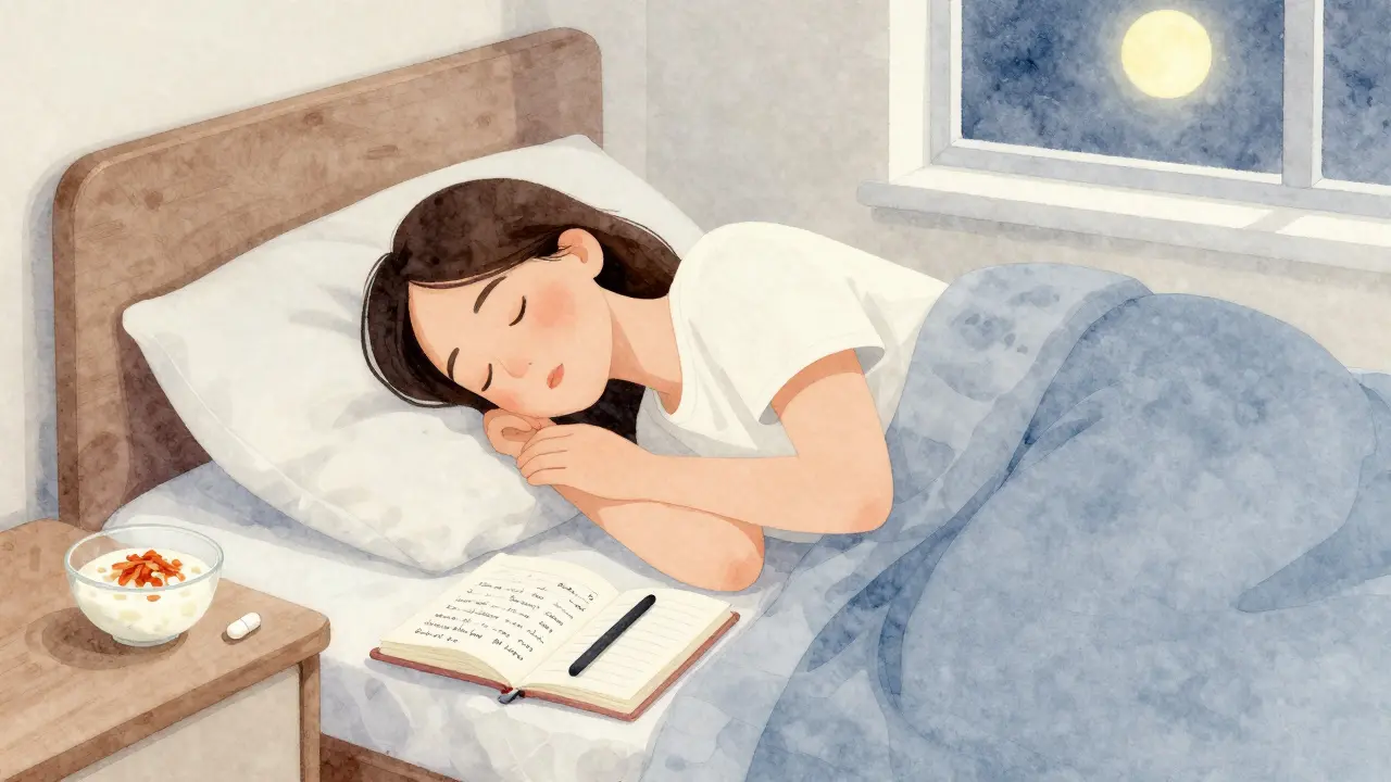 Osoba spící s probiotikem a fermentovanými potravinami vedle postele v klidné měsíční světlosti.