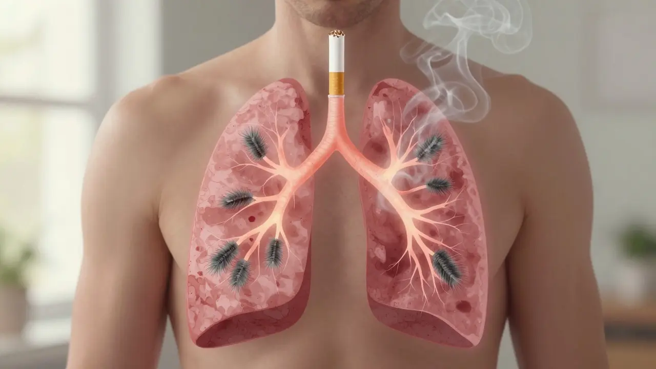 Plicní cesty s regenerujícími řasinkami a odstraňováním hlenu po třech dnech bez cigaret.