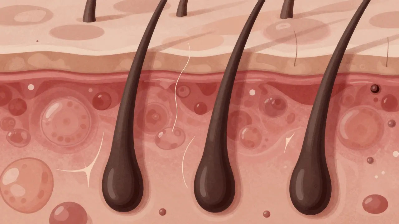 Příčný řez kůže ukazující vlasový folikul s přirozeně rostoucím vlasem a zahýbajícím se vlasem pod kůží.