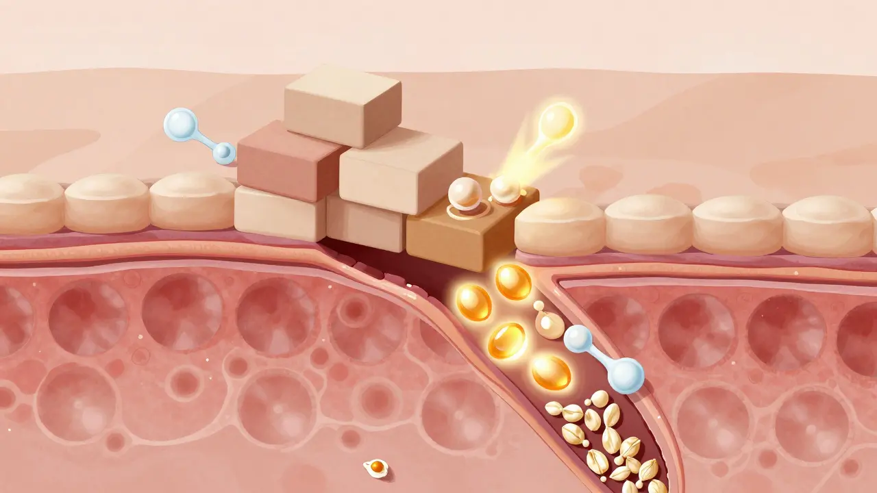 Průřez kůže ukazující obnovu bariéry ceramidy a pantenolem.