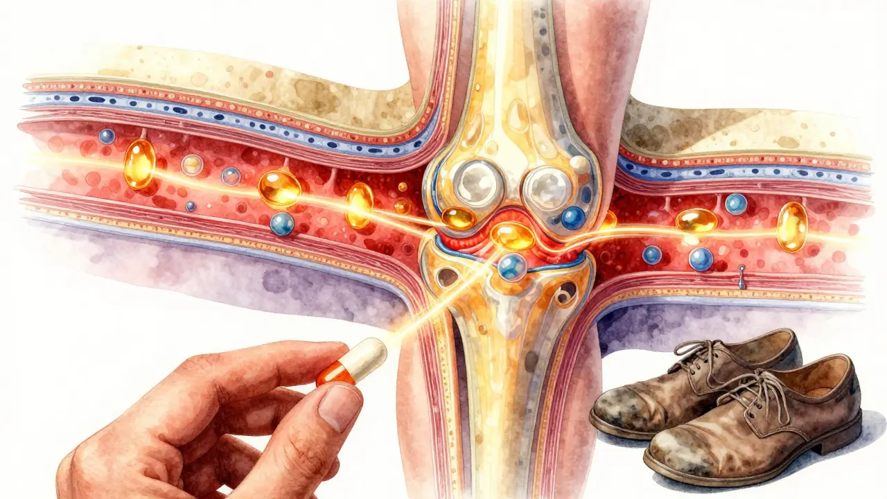 Průřez lidského kolena s proudy omega-3 a MSM, které snižují zánět, a kapslí glukosaminu a chondroitinu.