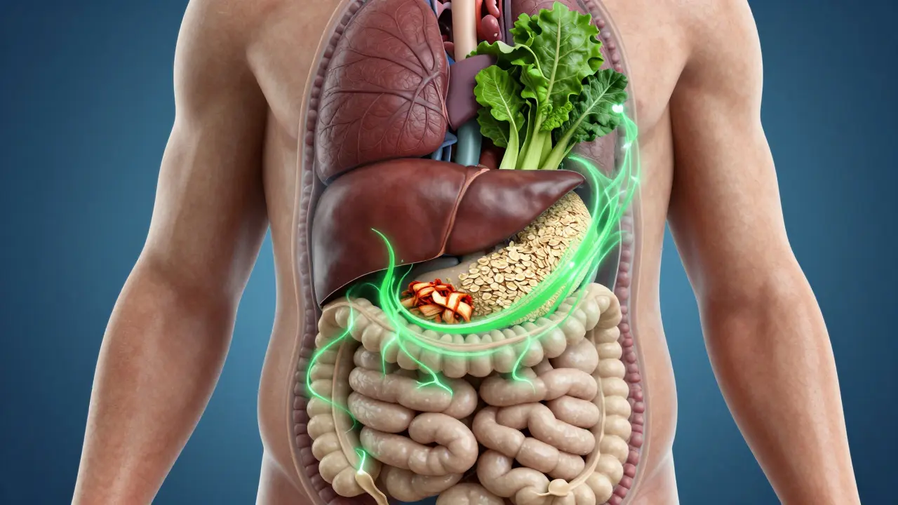 Průřez tělem s tukem kolem vnitřních orgánů, který přechází v zelenou energii z potravin.