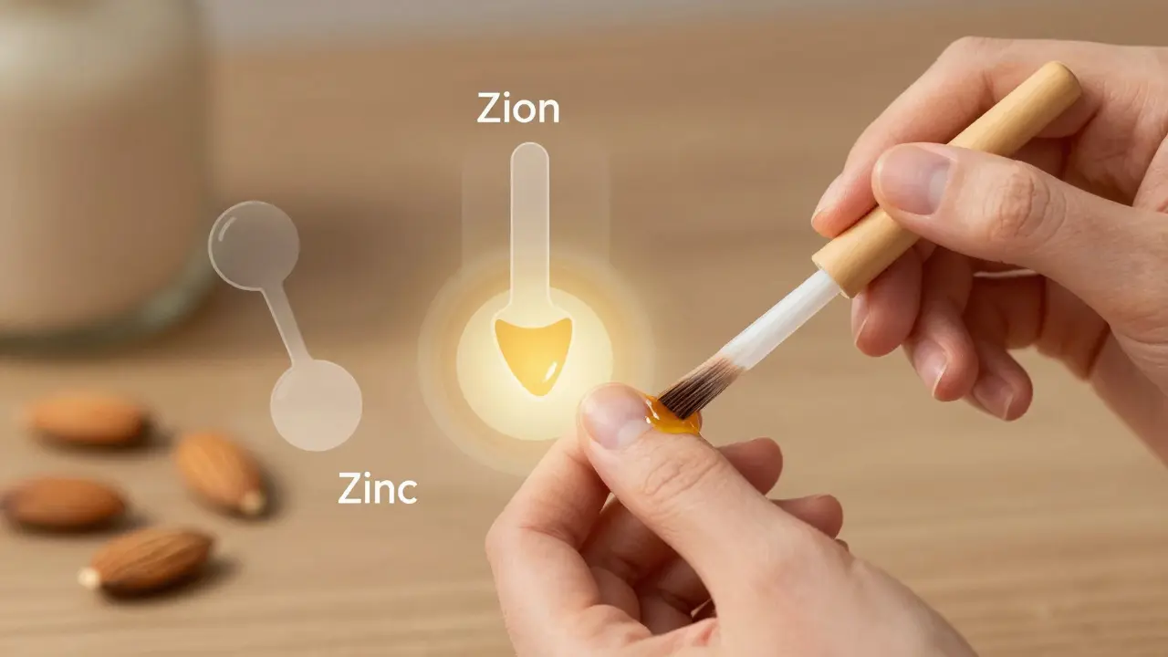 Ruka aplikující mandlový olej na nehty, s symbolickými prvky nedostatku biotinu, železa a cinku v pozadí.