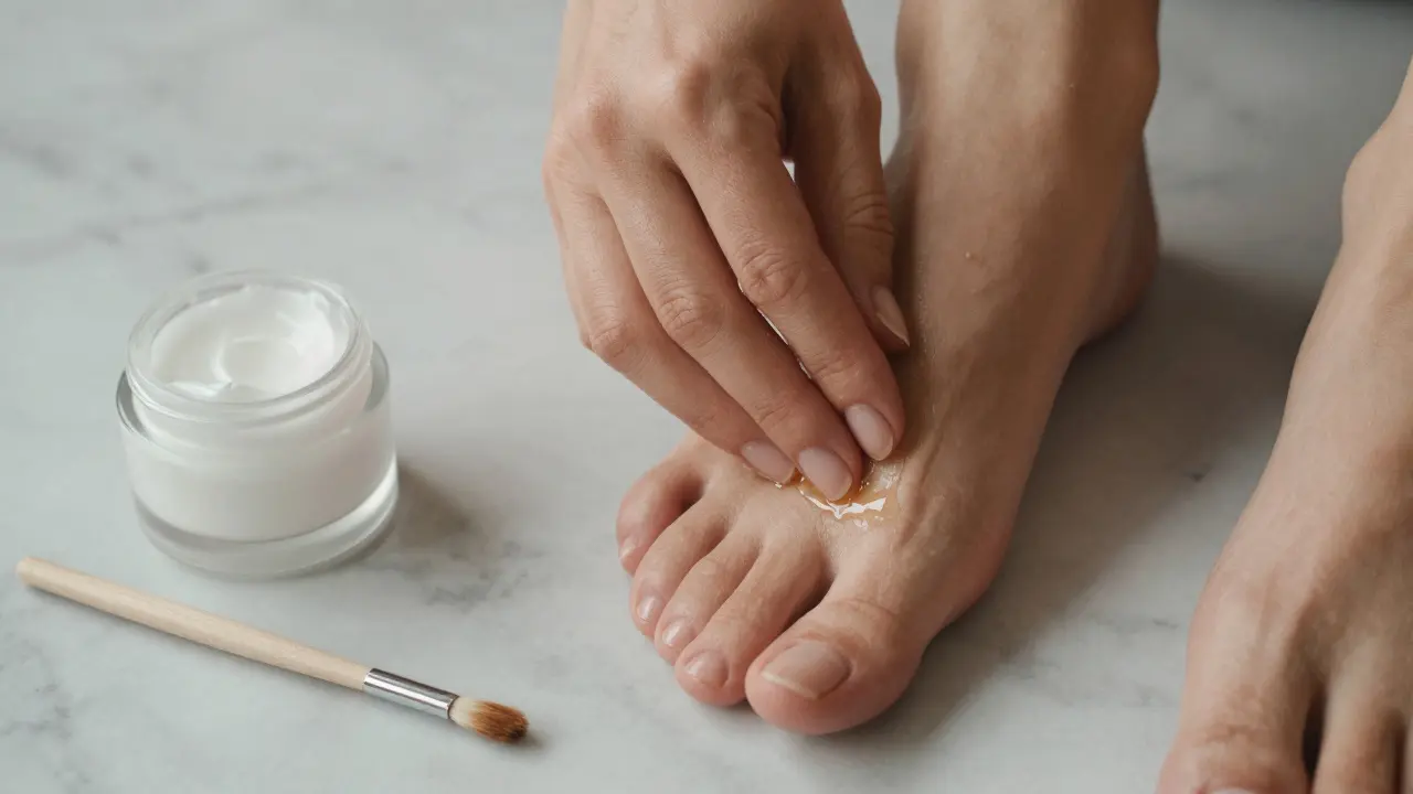 Ruka jemně aplikuje mandlový olej kolem nehtů na nohou s čistě oříznutými nehty.