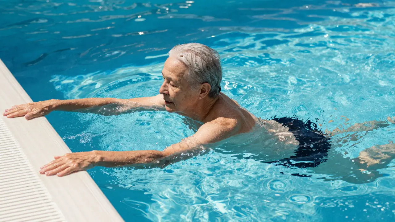 Senior cvičí v bazénu pro klouby v průsvitné vodě.