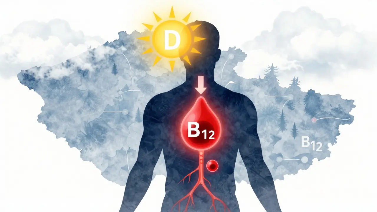 Silueta lidského těla s vybledlými symboly chybějících vitamínů D, B12 a železa.