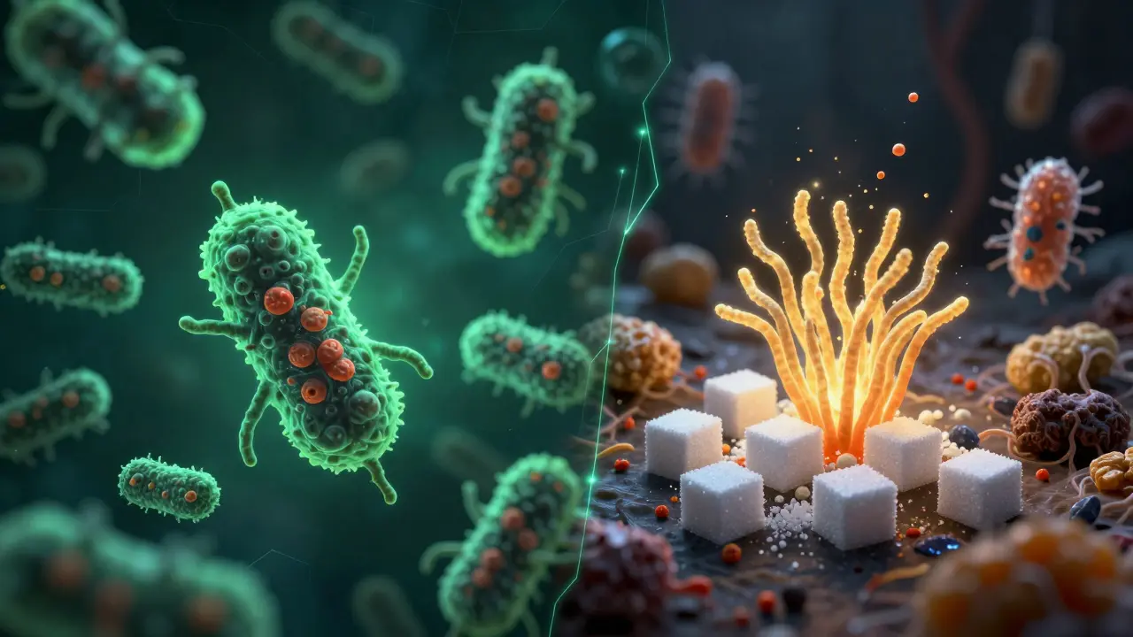 Srovnání zdravé a poškozené střevní mikroflóry s vlivem cukru a zpracovaných potravin.