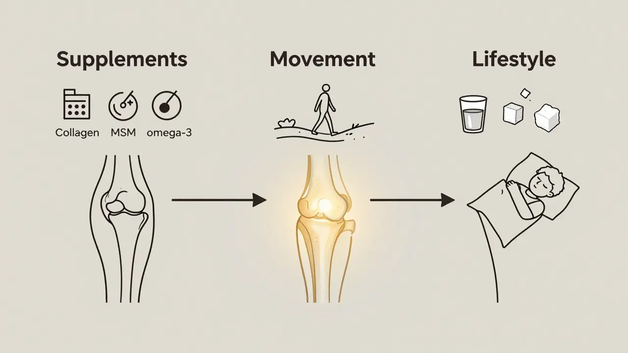 Tři cesty ke zdraví kloubů: doplňky, pohyb a životní styl, vše končí silným kolenním kloubem.