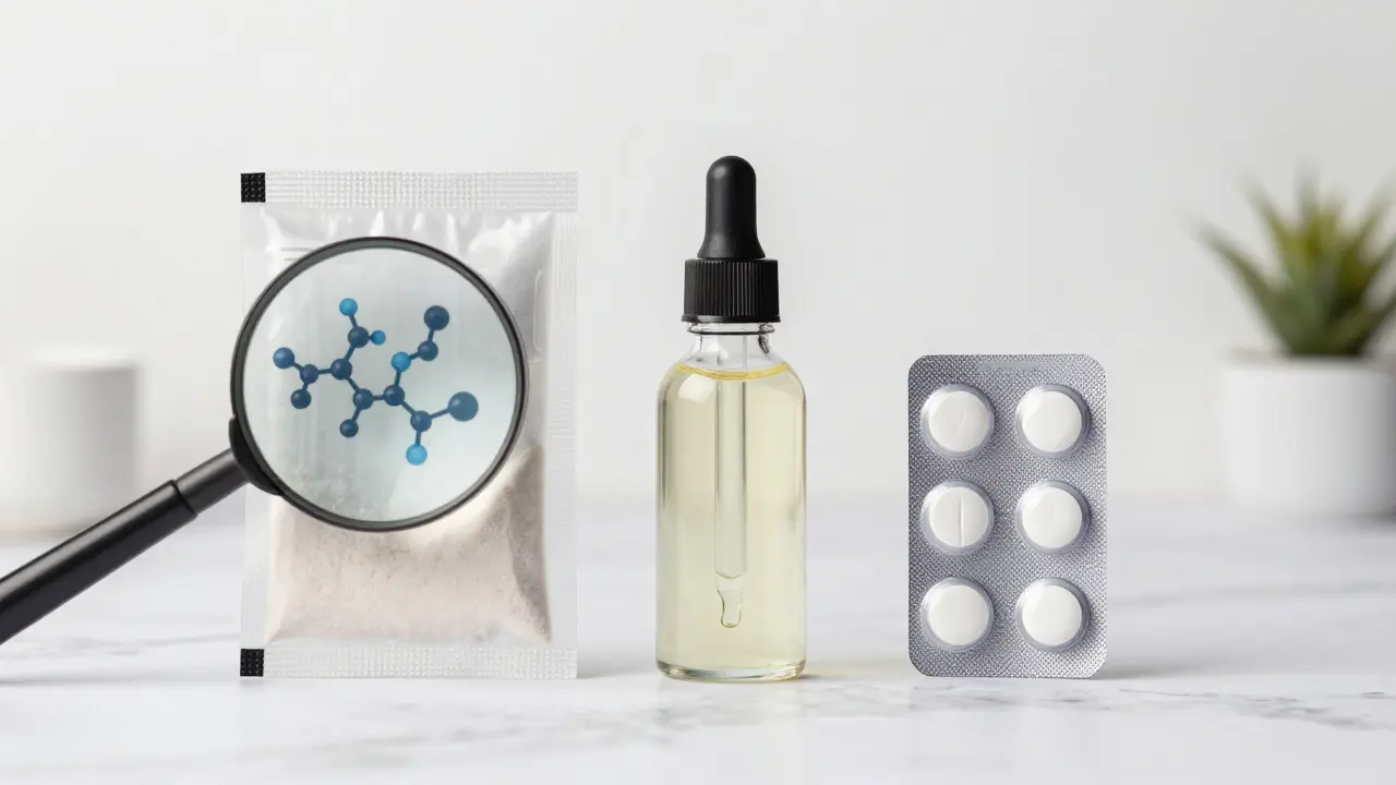 Tři formy rybího kolagenu – prášek, kapky a tablety – s detailním zvětšením