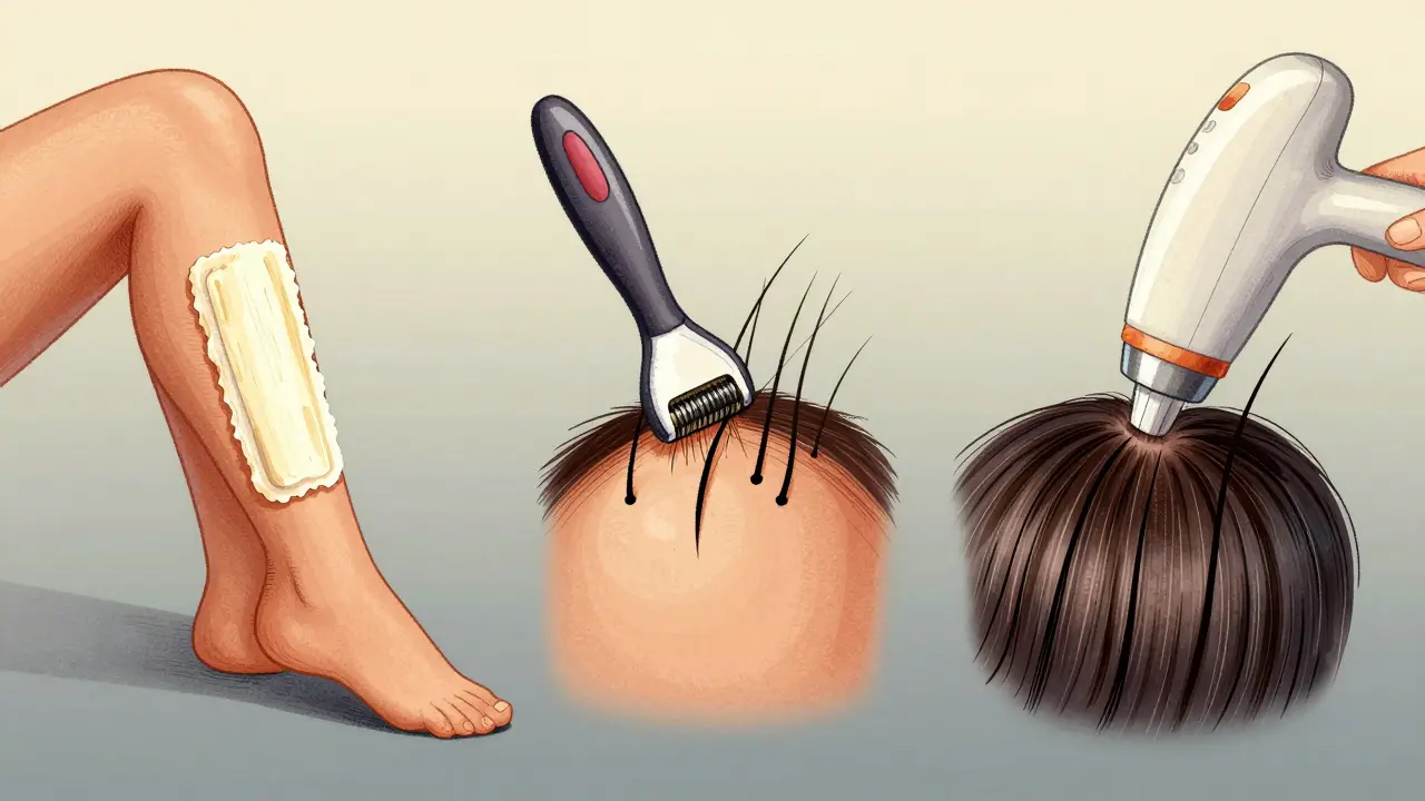 Tři metody odstraňování vlasů: vosk, epilátor a laser, znázorněné v stylu výukového plakátu.