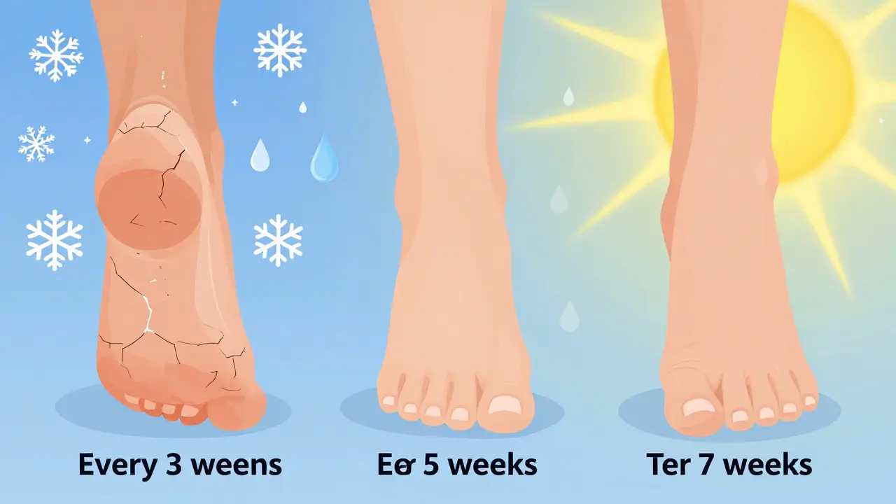 Tři typy nohou s různými úrovněmi péče, symbolizující ideální frekvenci pedikúry podle potřeb.