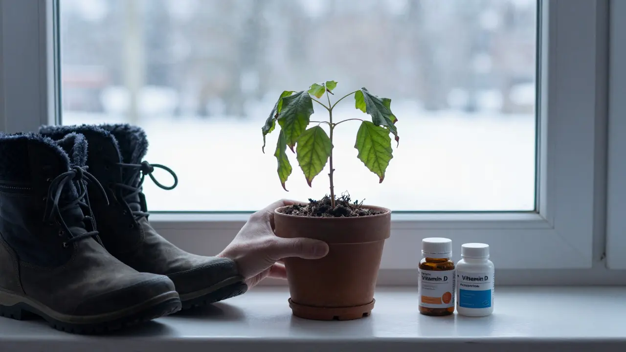 Uvadlá rostlina na okně vedle láhve vitamínu D a zimními botami v českém zimním prostředí.
